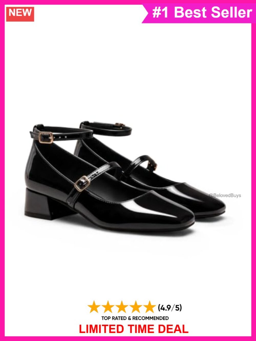 Mary Jane Pumps Square Toe Low Chunky Heel Faux Leather Buckle Ankle Strap